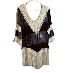 Time Line Blue & Brown Ivory Crochet Tie Dye 3/4 Sleeve Fringe Trim Blouse Top S